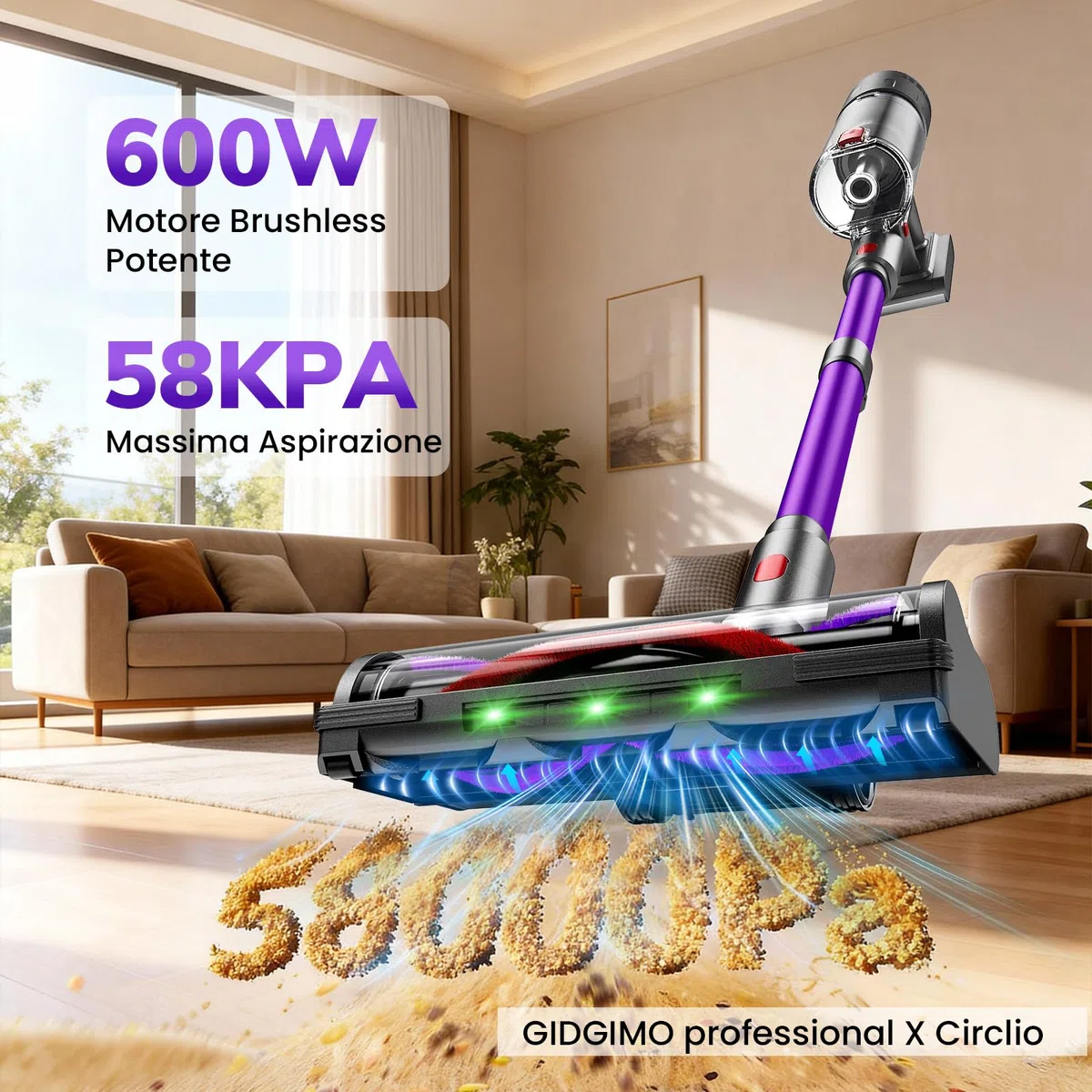 GIDGIMO professional X Circlio Aspirapolvere Senza Fili 58KPa/600W/75Min, Scopa Elettrica Senza Fili Verticale Antigroviglio con Display a LED, Ricaricabile a Parete, Per Animali/Pavimenti/Tappeti