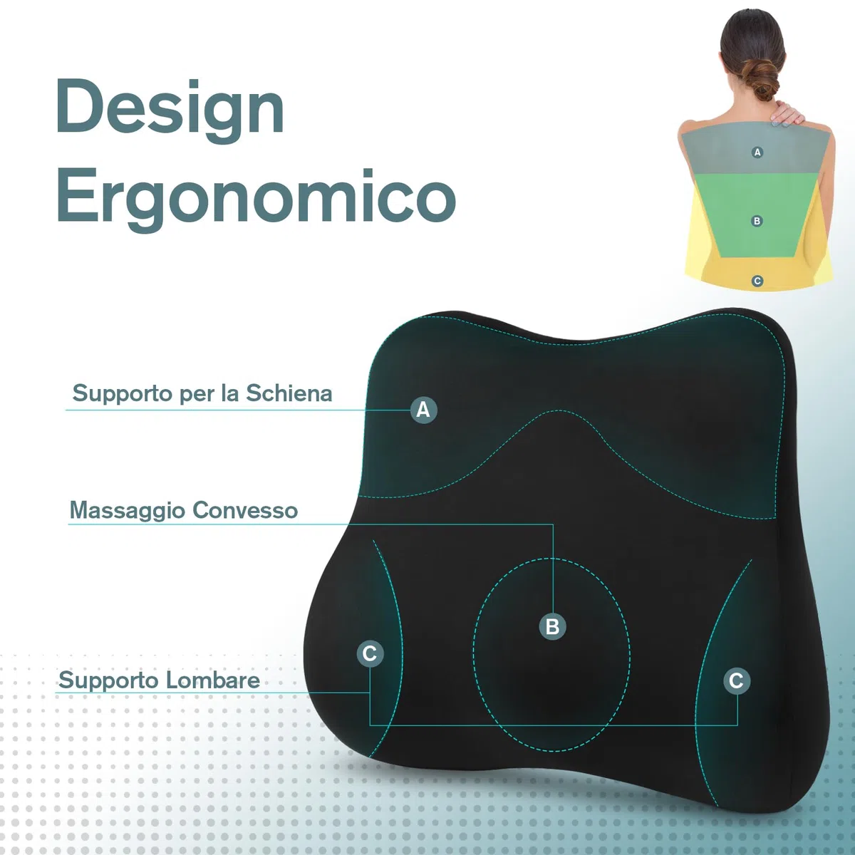 Cuscino Lombare, Supporto Lombare Auto Ergonomico, Cuscino Schienale in Memory Foam, Cuscino Lombare Sedia con Fodera Lavabile per Auto, Sedia Ufficio, Nero