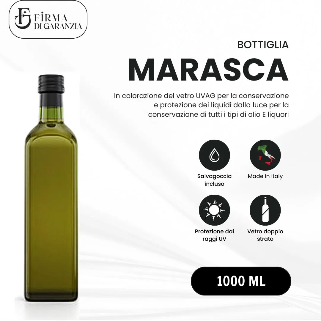 Firmadigaranzia srl - 6 pz - Bottiglie Per Olio E Liquore 1000 ml - Marasca Quadre In Vetro Uvag con Dosatore Salvagoccia e Tappo Ermetico - Made In Italy - Uso professionale e domestico