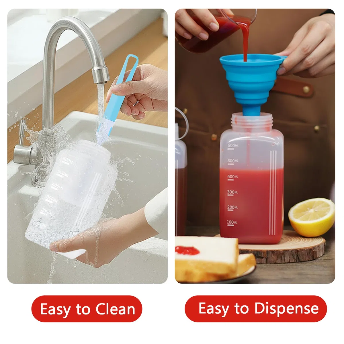 4 Pezzi Bottiglia Squeeze di Plastica, 600ml Bocca Grande Biberon Cucina Professionale con Tappi, Pennello di Pulizia, Imbuto, Squeeze Bottle Sauce per Ketchup, Senape, Mayo, Olio, Salse