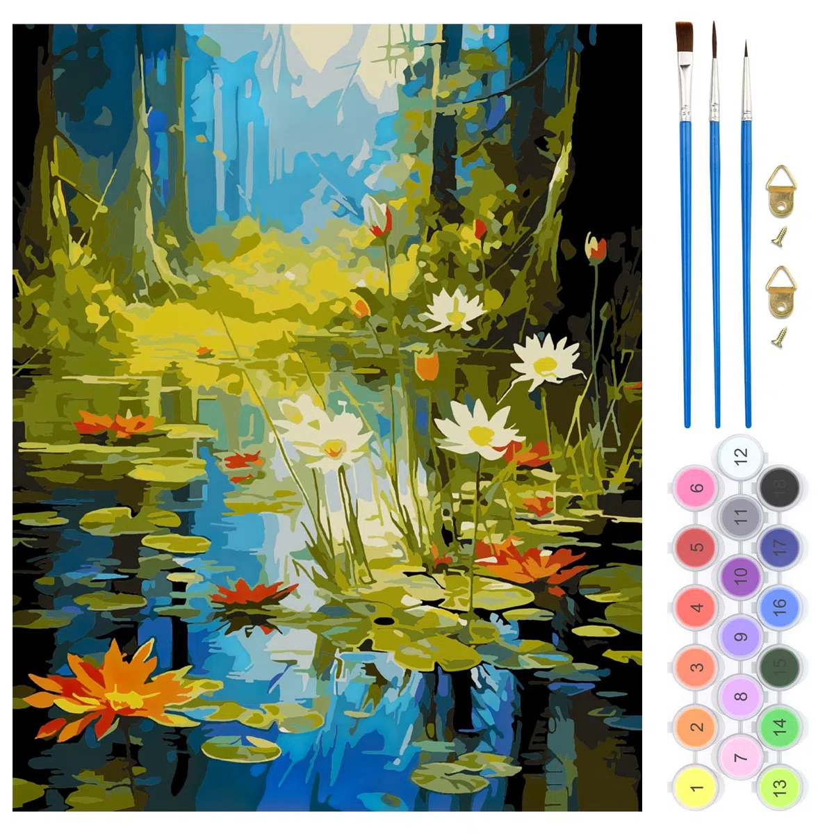 QENSPE Paesaggio Dipingere con i Numeri per Adulti, Kit di Pittura su Tela Fai da Te per Adulti, Kit di Dipingere con i Numeri con Pennelli Pigmento Acrilico Disegno Pittura 40x50 cm (Stagno Loto)