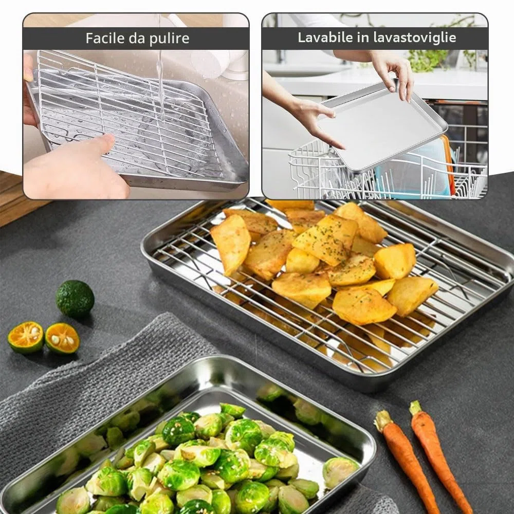 Teglia da Forno con Griglia di Raffreddamento in Acciaio Inox 26x20,5x2,5cm Teglia Forno Rettangolare, Teglie da Forno, Teglia con Griglia, Placca da Forno, Griglia da Forno per Pane, Biscotti