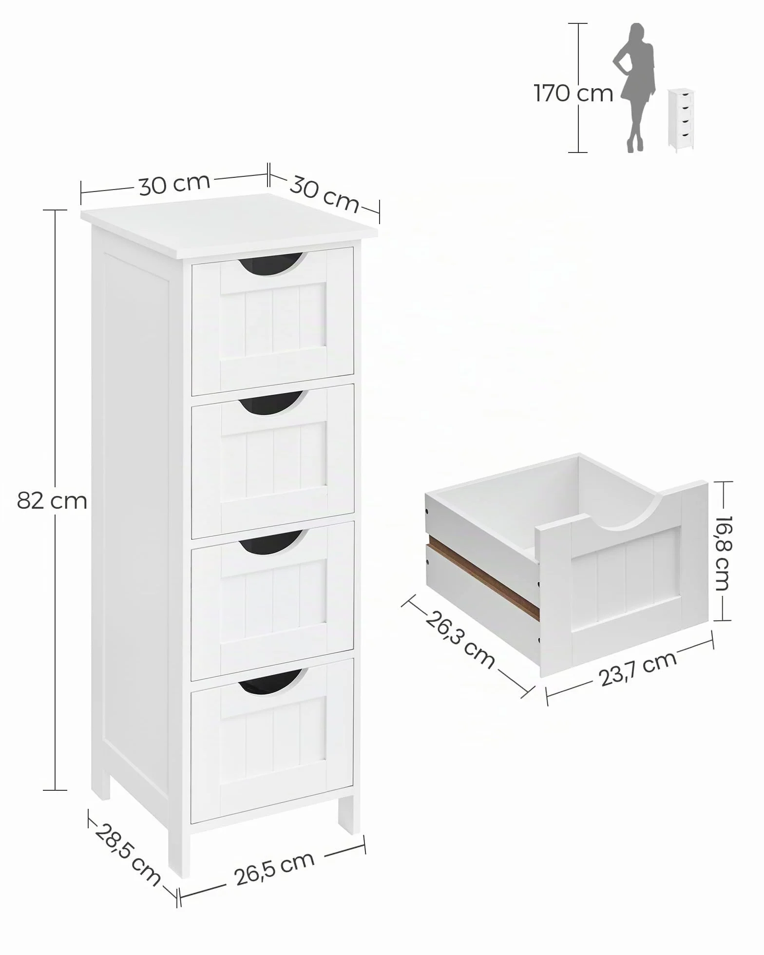 VASAGLE Mobile da Bagno, Cassettiera, Armadio Autoportante, con 4 Cassetti, 30 x 30 x 82 cm, per Bagno, Soggiorno, Sala da Pranzo, Cucina, Stile Moderno, Bianco LHC40W