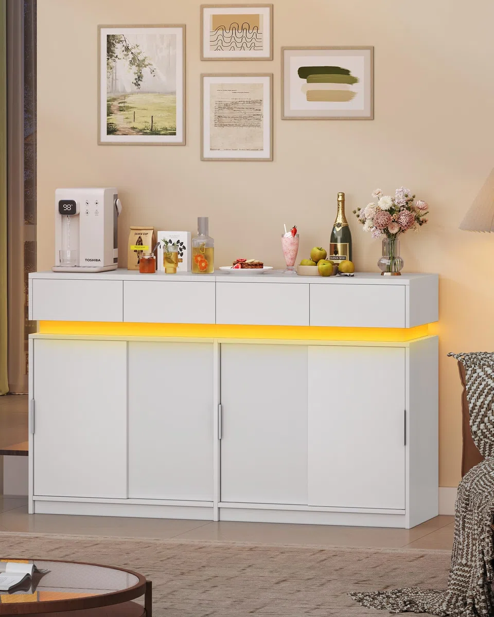 Hzuaneri Credenza Cucina, Mobile Cucina con 4 Cassetti, 4 Ante Scorrevoli, Presa Elettrica e Illuminazione a LED, Ripiani Regolabili, stile Moderno, per Cucina, Soggiorno, 40 x 140 x 85 cm, Bianco