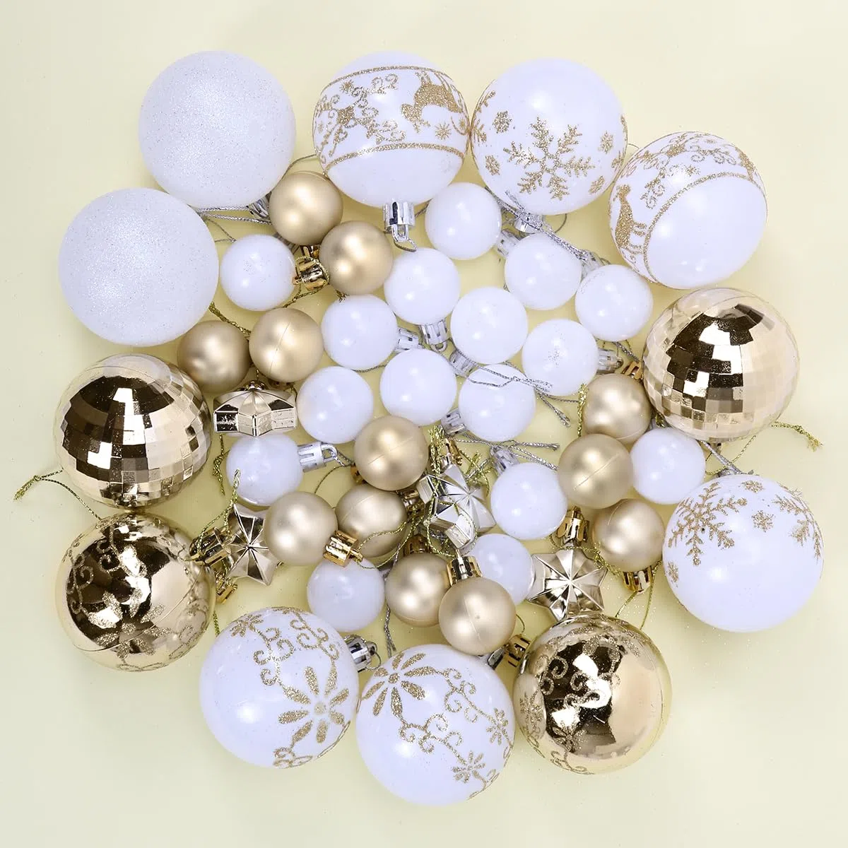 Palline di Natale Oro e Bianco, 44 Pezzi Decorazioni Albero di Natale, Palline Albero Natale, Addobbi Natalizi per Albero, Palle e Stelle dell'Albero di Natale, Appendere Addobbi Natalizi