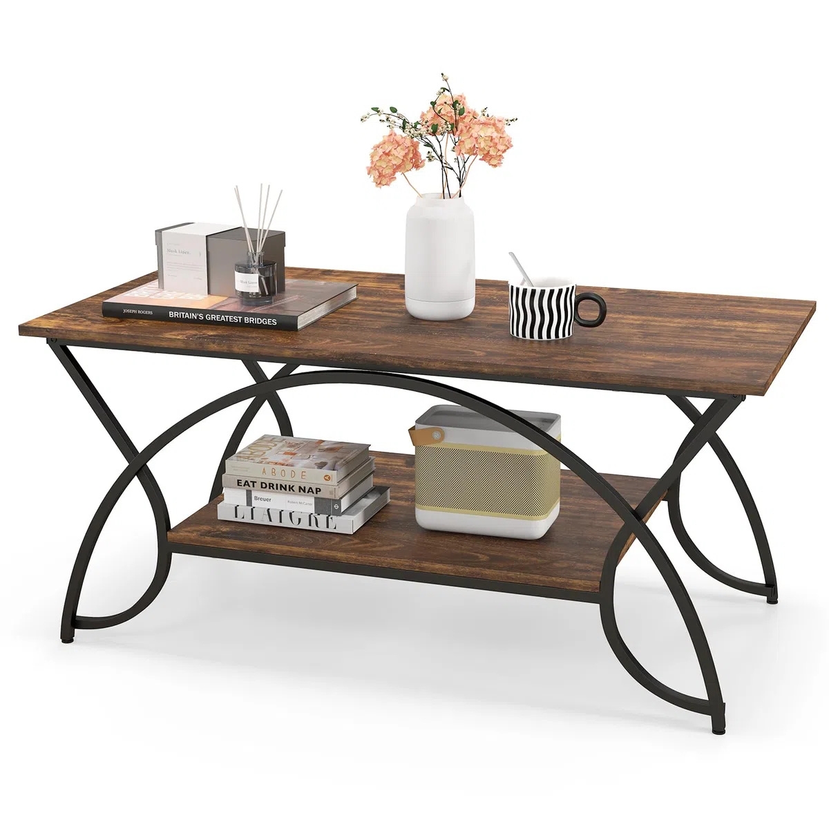 GIANTEX Tavolino da Caffè Oro, Tavolo da Salotto con Gambe in Metallo, Tavolino con Effetto Marmo per Soggiorno, Studio, Camera,110 x 50 x 46 cm (Marrone)