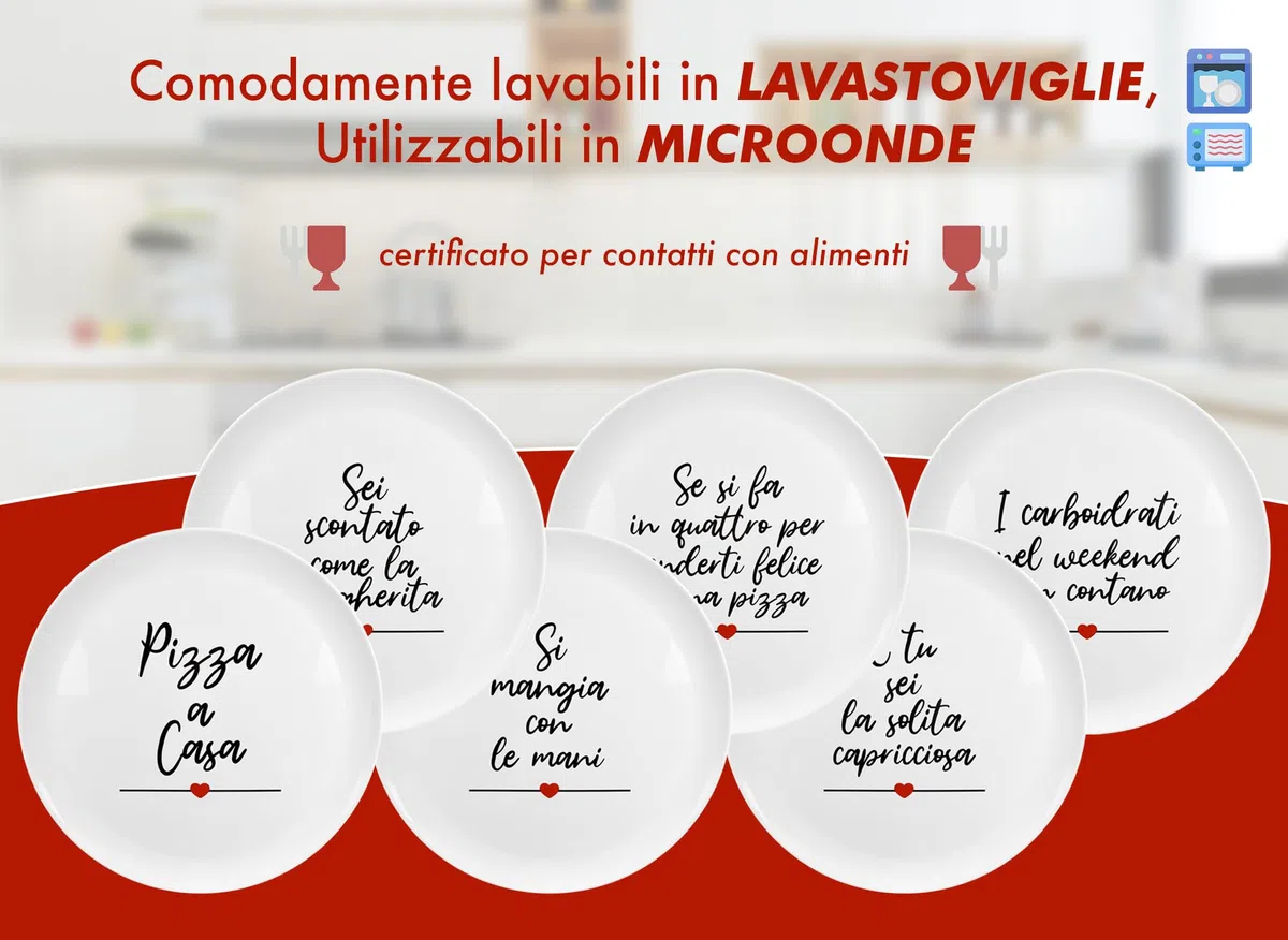 IlGruppone Set di 6 Pezzi Piatti per Pizza Grandi in Melamina Ø 33 Cm Piatto Cucina Pizze Piatti Piani XXL Decorati con Scritte Moderni Certificati Contatto Alimentare