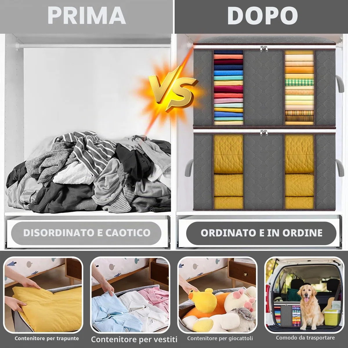 Frasheng Borsa portaoggetti, 6 pezzi da 85 l, organizer per guardaroba, scatole pieghevoli per vestiti, copriletti, biancheria da letto (grigio)
