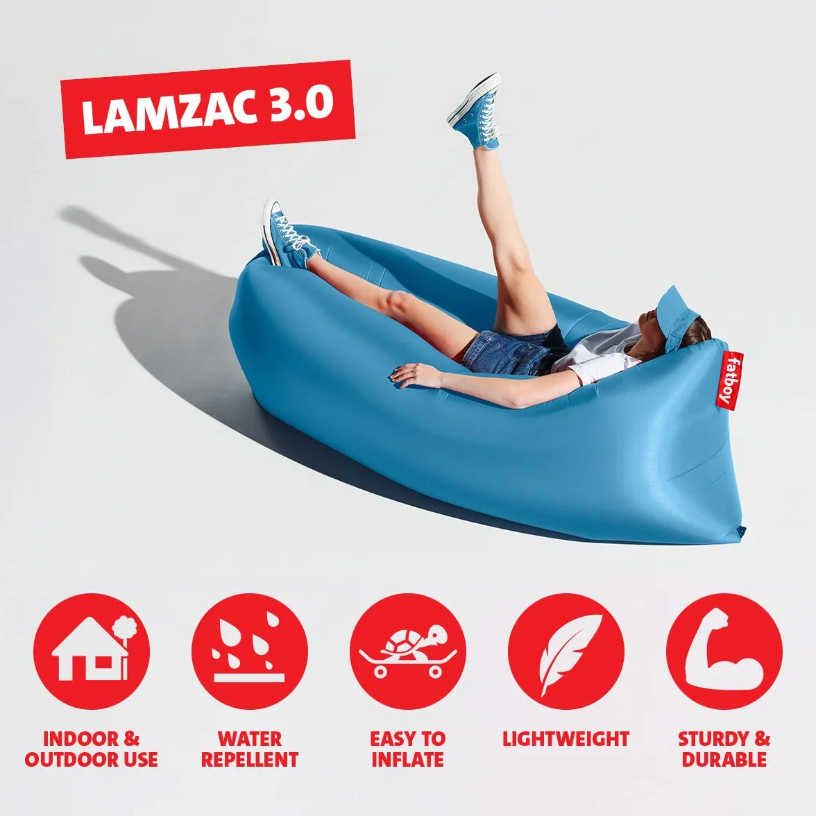 Fatboy Lamzac 3.0 - Divano gonfiabile per adulti e bambini, divano da campeggio, divano letto pigro ad aria, 200 x 90 x 50 cm, senza pompa necessaria, per uso interno ed esterno, Azzurro cielo