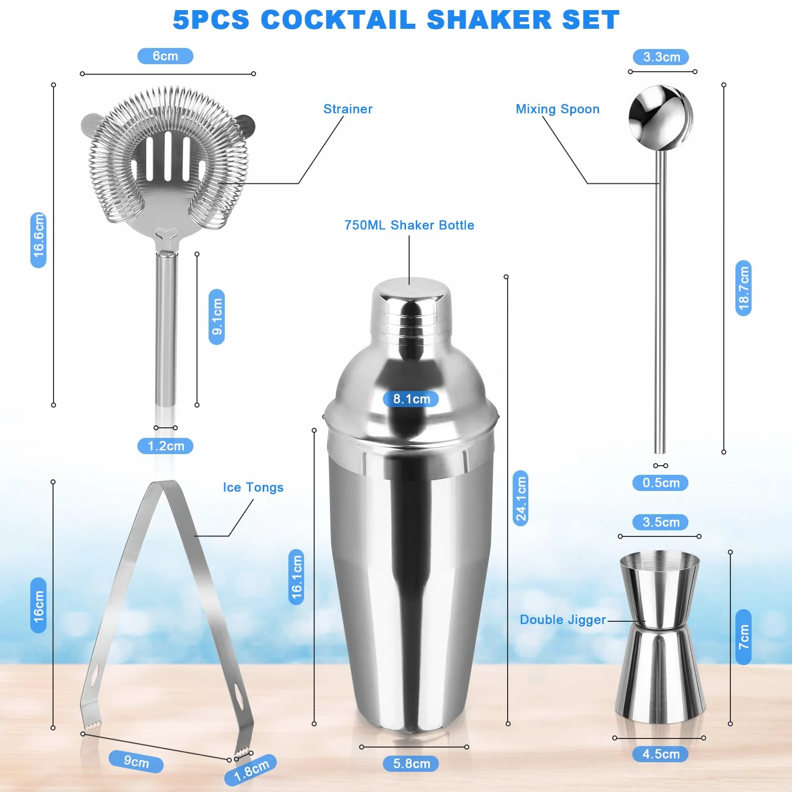 750 ML Shaker, 5 Pezzi Shaker Cocktail Set Kit da Barman in Acciaio Inox, Professionale Barman Set, con Colino, Jigger, Cucchiaio, per Miscelare Bevande, Casa, Bar, Feste (Argento)