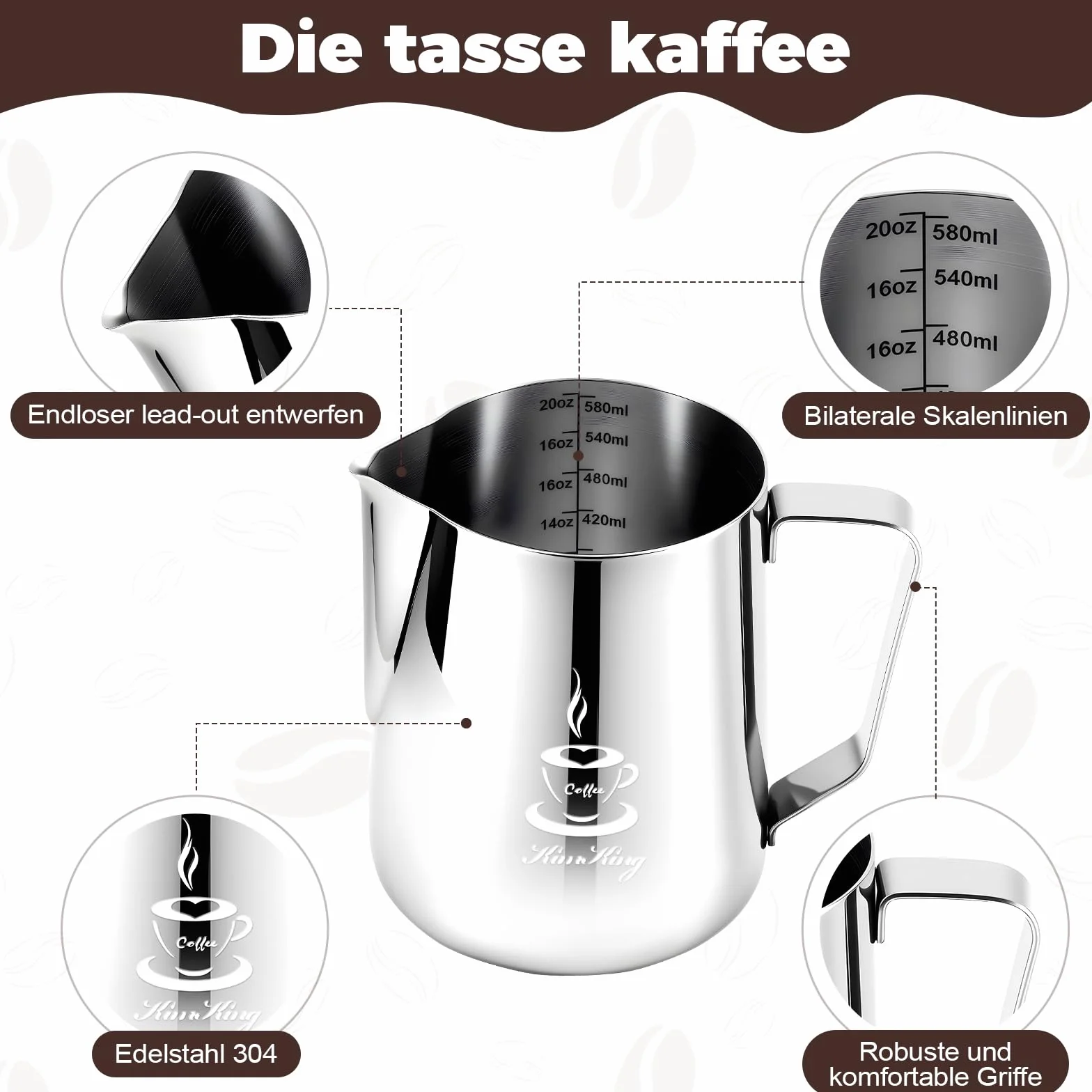 KimKing Lattiera per cappuccino in Acciaio Inox Lattiera Latte Art Silve 60 cl