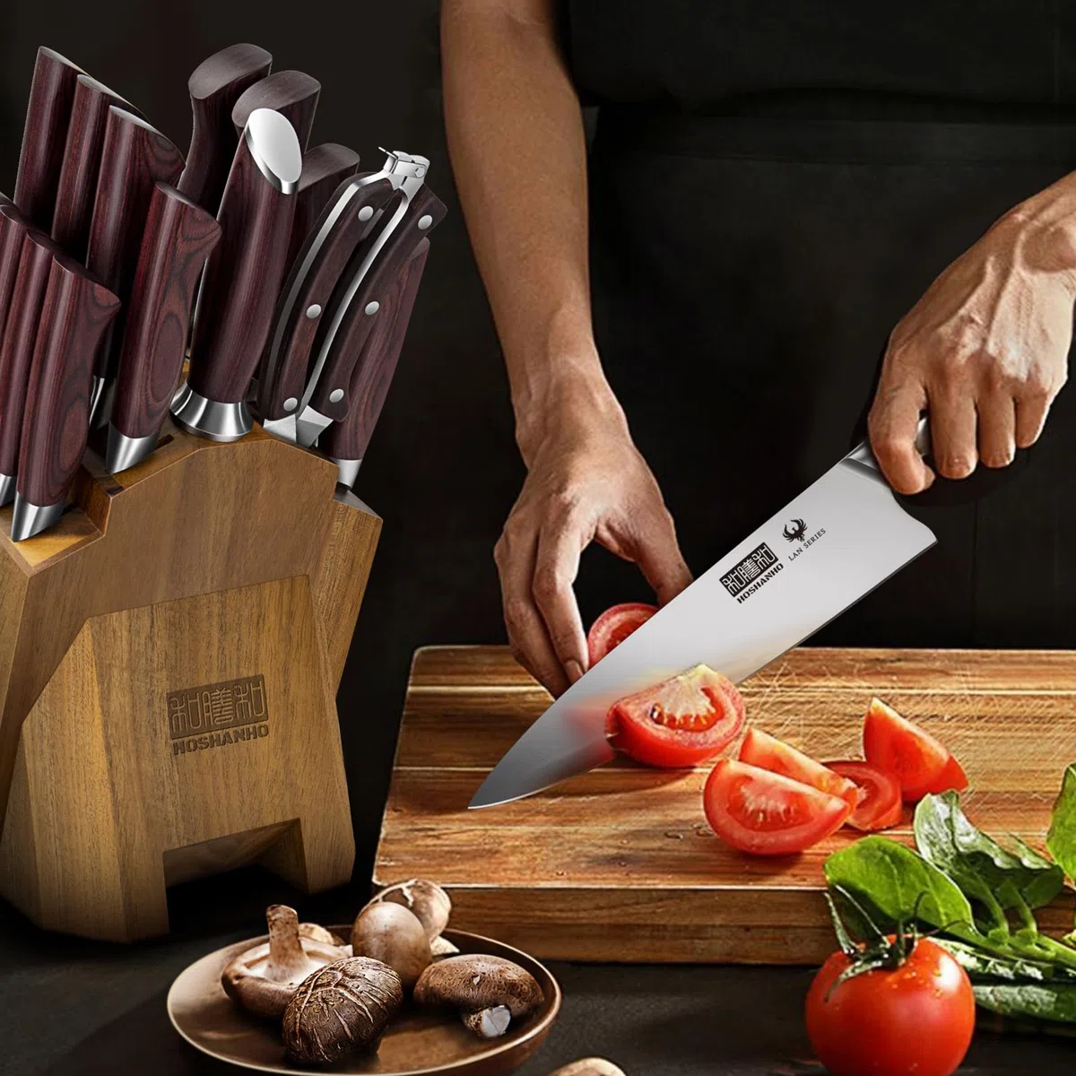 HOSHANHO Set di Coltelli da Cucina 18 Pezzi, Professionali Set Coltello da Chef in Acciaio Inossidabile Alto Tenore di Carbon, Coltello da Cucina Ultra Affilati con Affilatore