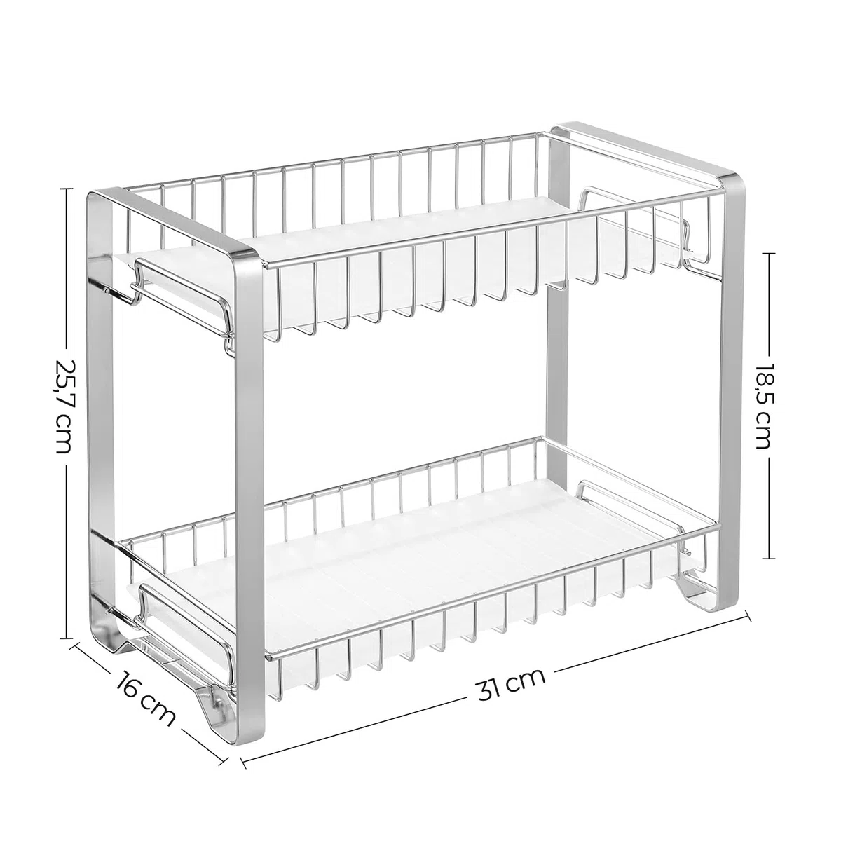 SONGMICS Portaspezie, Scaffale da Cucina in Metallo a 2 Ripiani, con Tapetto per Ripiano in Plastica, Piedini Antiscivolo, Assemblaggio Facile, per Banco, Dispensa, Bagno, Argento KCS013E01