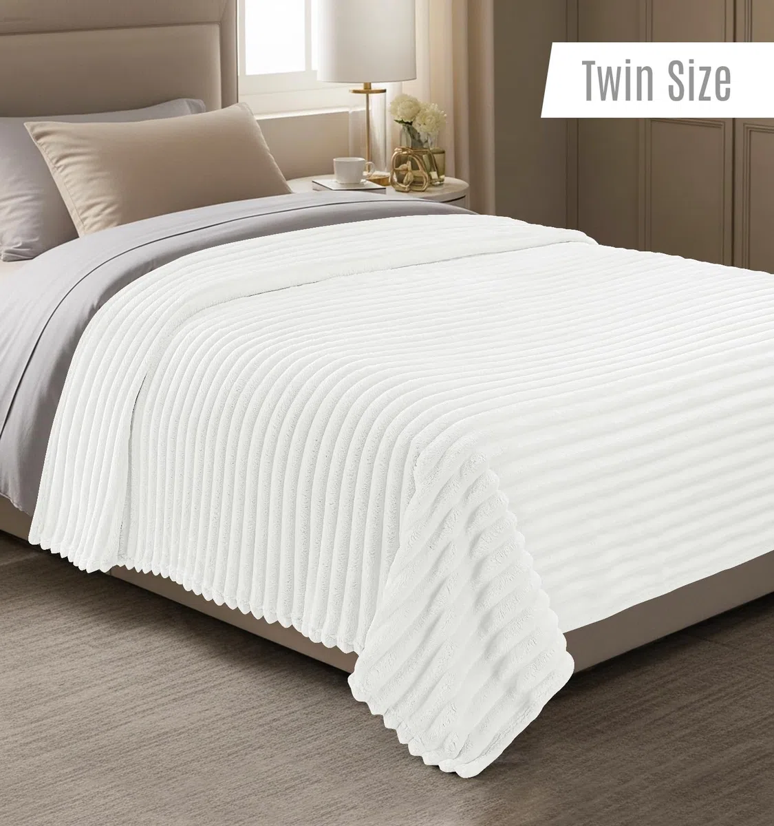 Utopia Bedding Plaid Polare a Righe, Leggero e Morbido, Adatto a Tutte le Stagioni, per Letto, Divano o Poltrona [150x200 cm, Bianco Panna]