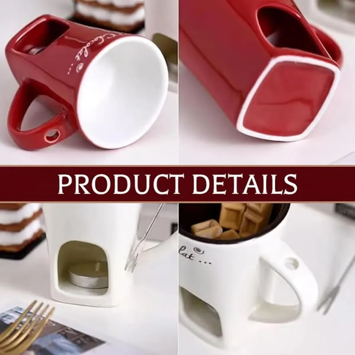 Tazza per fonduta, tazza per fonduta di cioccolato con forchetta e candela, tazza per fonduta di cioccolato per appuntamenti serali, compleanni, regali di nozze (rosso)