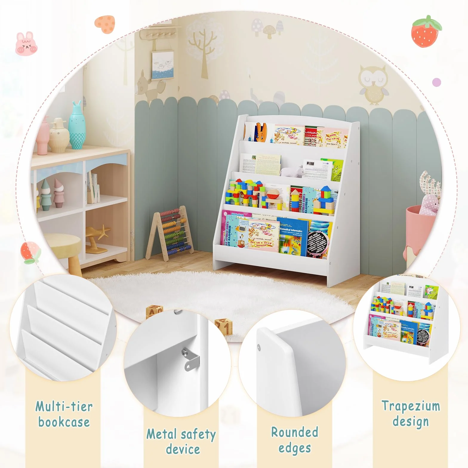 Lestarain Libreria Montessoriana per Bambini in Legno, Mobiletto Porta Libri con 4 Scomparti Aperti, Scaffale da Terra per Cameretta, Bianco, 61x30x70 cm