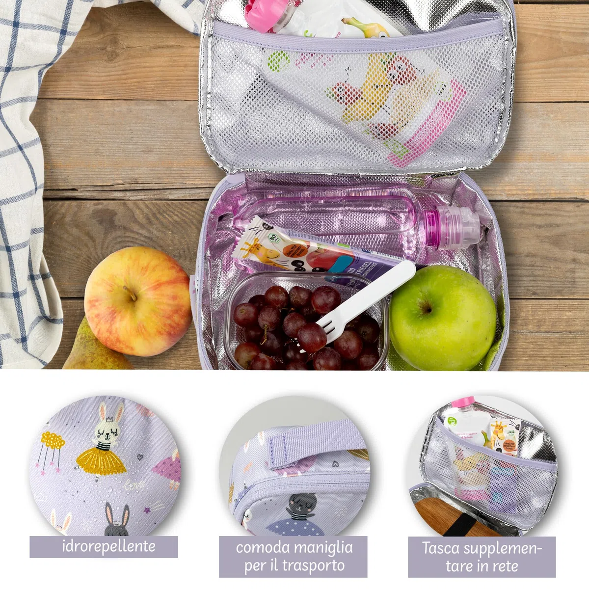 Borsa Termica Bambini, Borsa per il Pranzo, Mini Borsa Isolata per Cosmetici, Medicine, Snack - Sostenibile (Lilla - Ballerina, 21,5 x 14,5 x 6,5 cm)