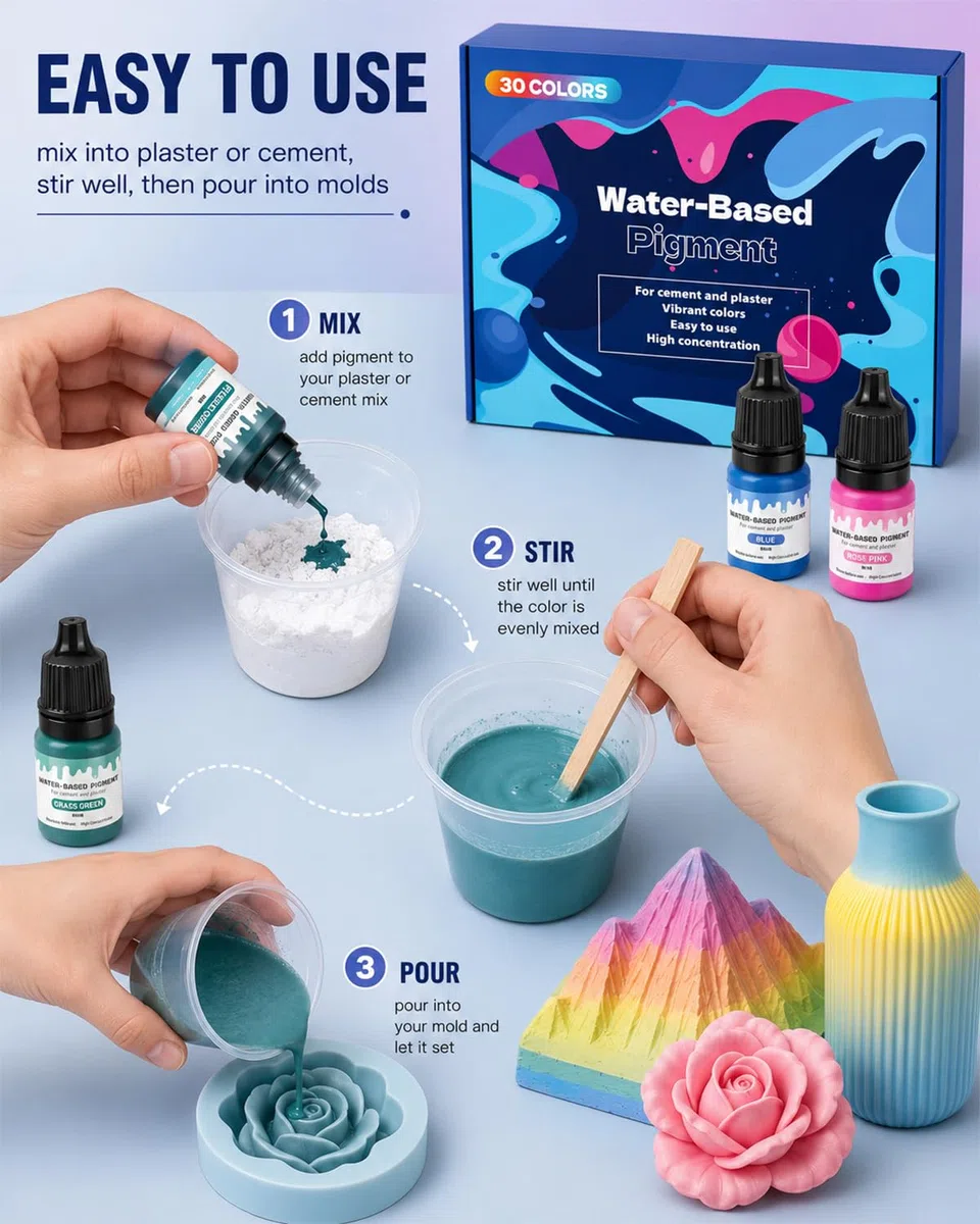 30 Colori Pigmenti a Base d'Acqua Altamente Concentrati per Gesso Ceramico, Stampi, Resina Epossidica, Cemento & Fai da Te