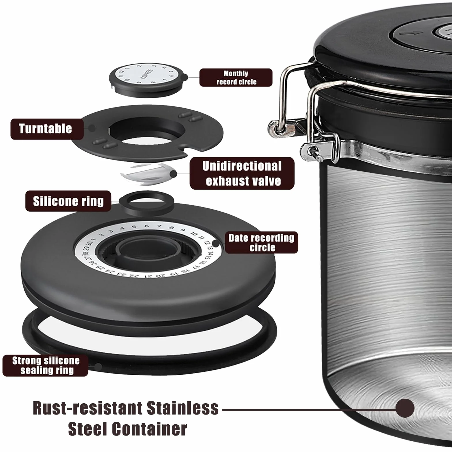 Barattolo Caffe (1,5L), Contenitore Ermetico Caffè, Materiale In Acciaio Inossidabile, con cucchiaio incluso,adatto per conservare chicchi di caffè, spezie, tè e noci (Nero)