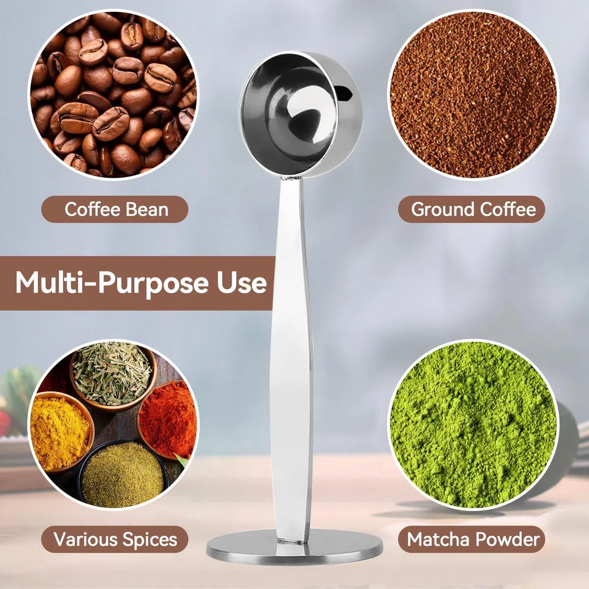 Dosatore per macchine da caffè, Cucchiaio Dosatore Caffe per Macchina Espresso con Tamper, in Acciaio Inox, Multifunzione per Misurazione Proteine, cacao, tè, 14.5cm/5.7inch