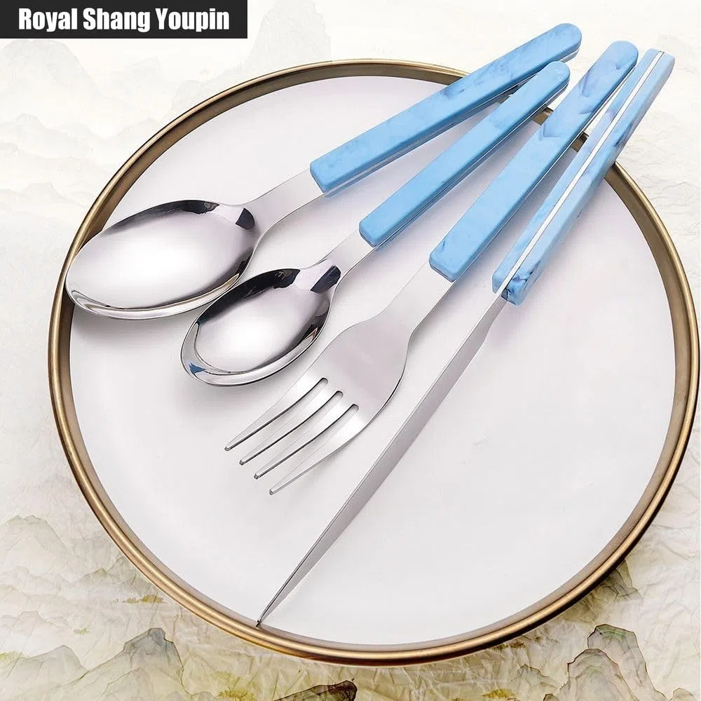 Retro Stile Cinese PP Maniglia Da Cucina in Acciaio Inox Argenteria Da Tavola Posate Set Di Posate Coltello Da Bistecca Forchetta Cucchiaio Cucchiaino (Blu,24 pezzi)