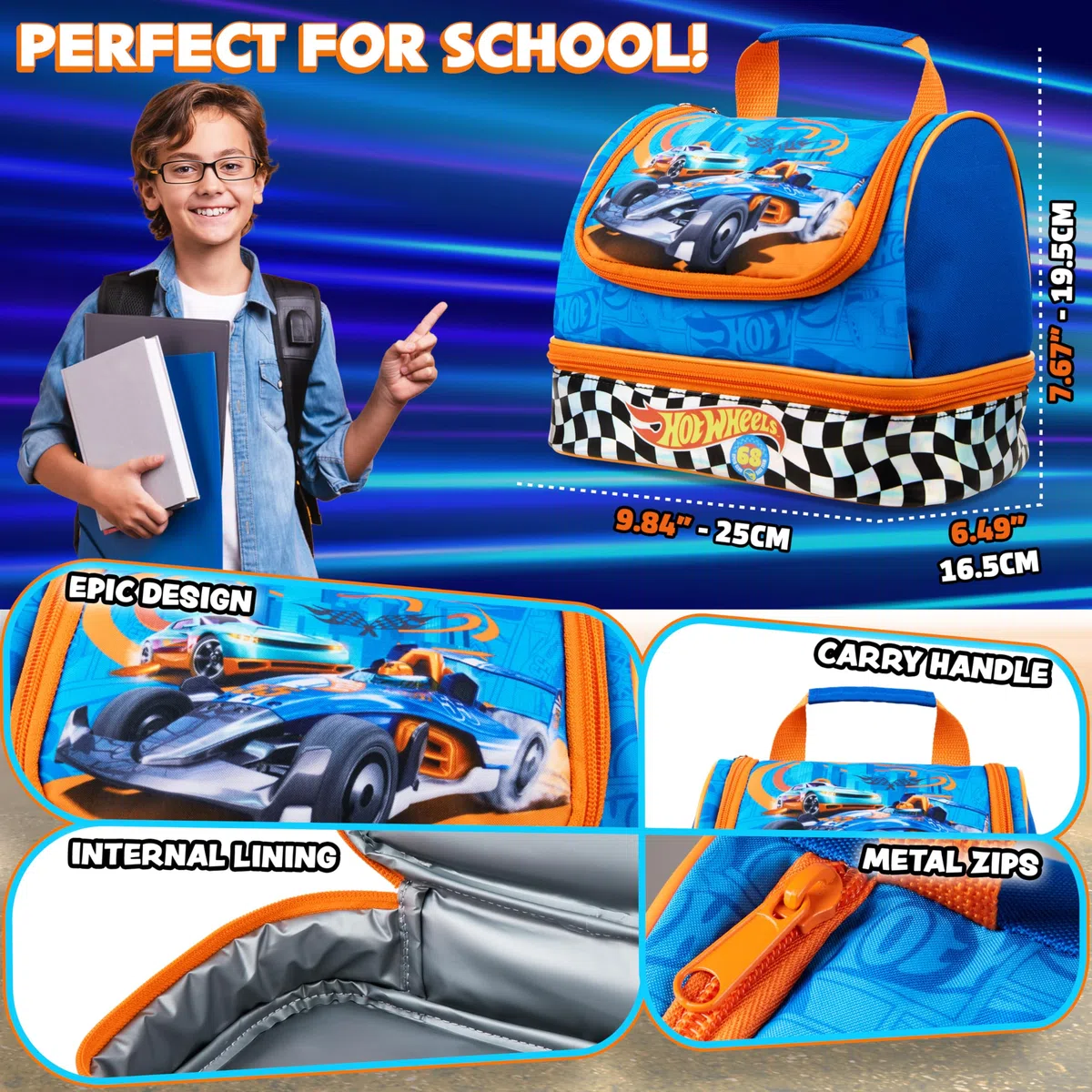 Get Trend Hot Wheels Borsa Porta Pranzo Bambini Adolescenti Adulti Isolato Porta Pranzo con Scomparti Porta Merenda per Picnic Lavoro Scolastico (Blu Hot Wheels)