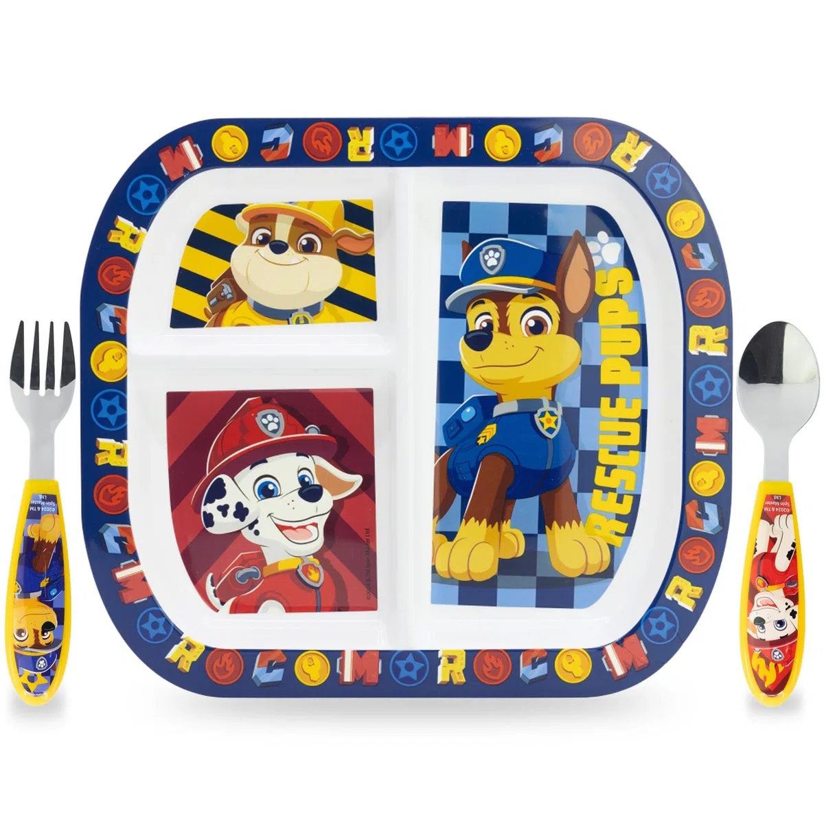 Set di Stoviglie Riutilizzabile Paw, Set Piatti Divisi 3 Pezzi, stoviglie bambini con Piatto, Posate in Acciaio Inox, Piatti in Plastica Adatti per Microonde