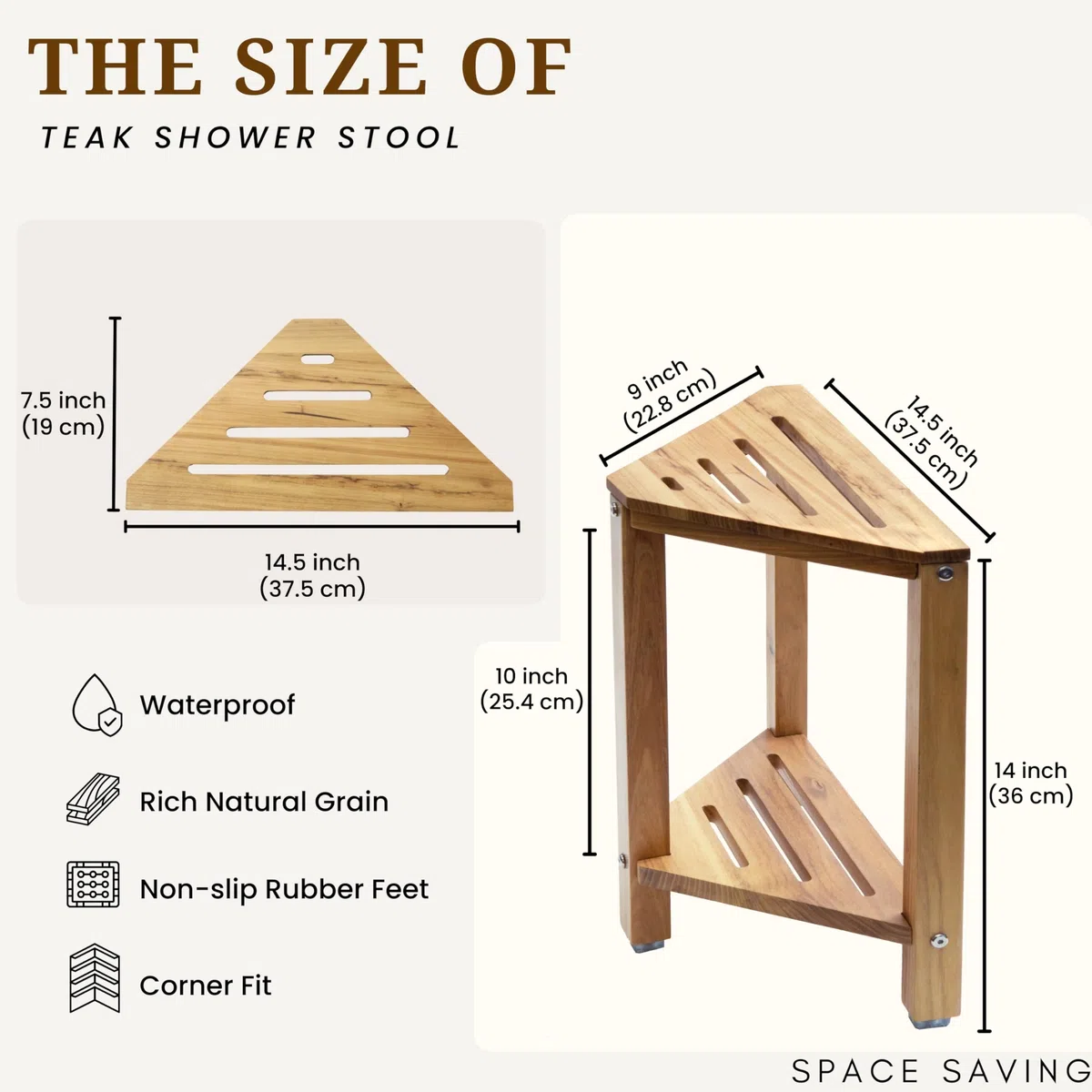 PERFNIQUE Sgabello da doccia in teak, sgabello da doccia da 35 cm, per gambe da barba, poggiapiedi per doccia interna, sgabello organizer in teak, piccola panca angolare impermeabile per bagno e