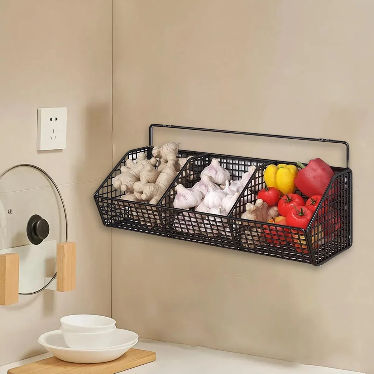 Portaverdure da cucina – Cesto portaoggetti da parete, contenitore a 3 livelli per patate, aglio, cipolle, organizer multiuso, cestino sospeso per verdure, soluzione