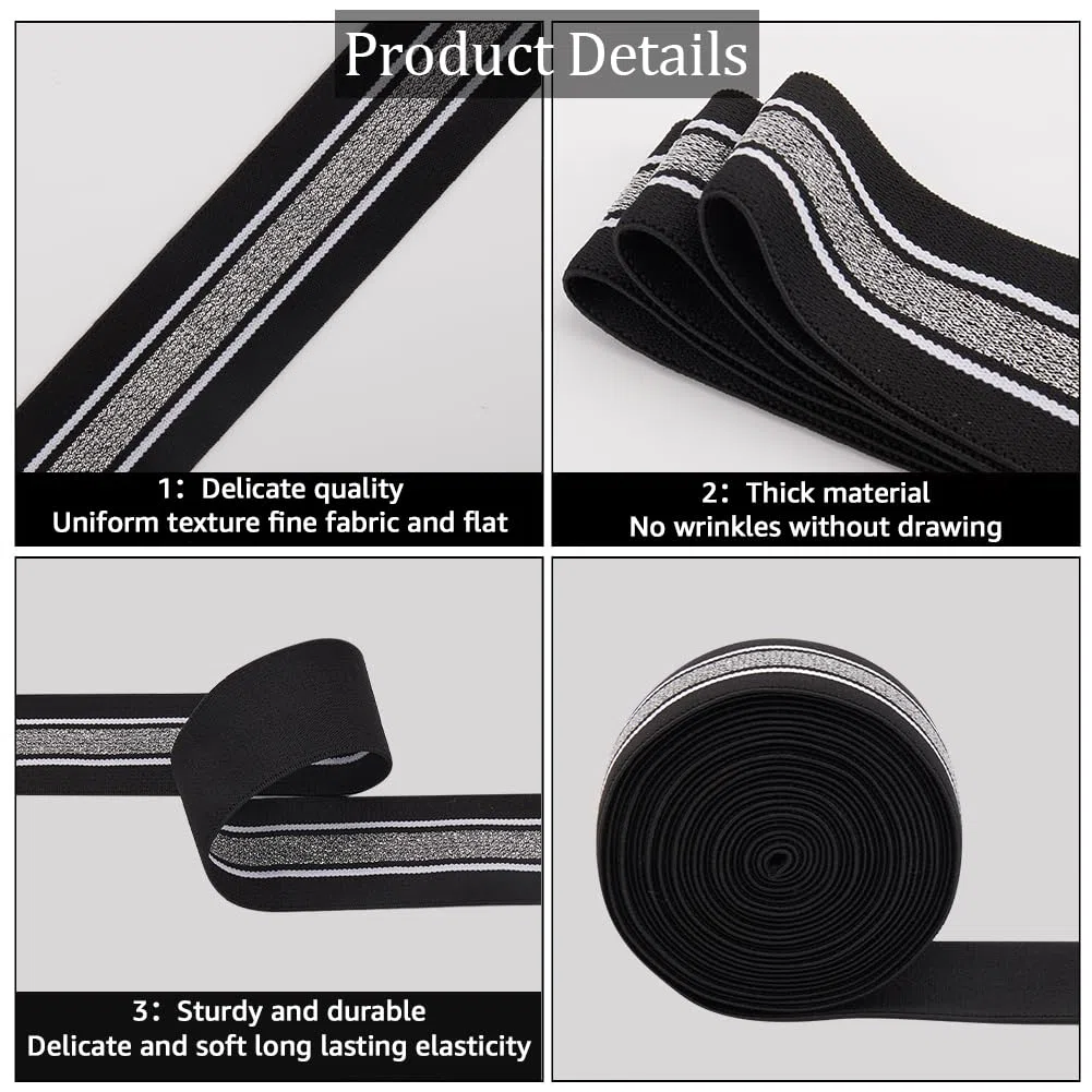 GORGECRAFT 4.3 m 40mm di Larghezza Fascia Elastica A Strisce Bianche e Argento Nera Piatta Elastica per Cucire Lavorare A Maglia Nastro per Fai da Te Fascia per Capelli Borse Indumenti Accessori