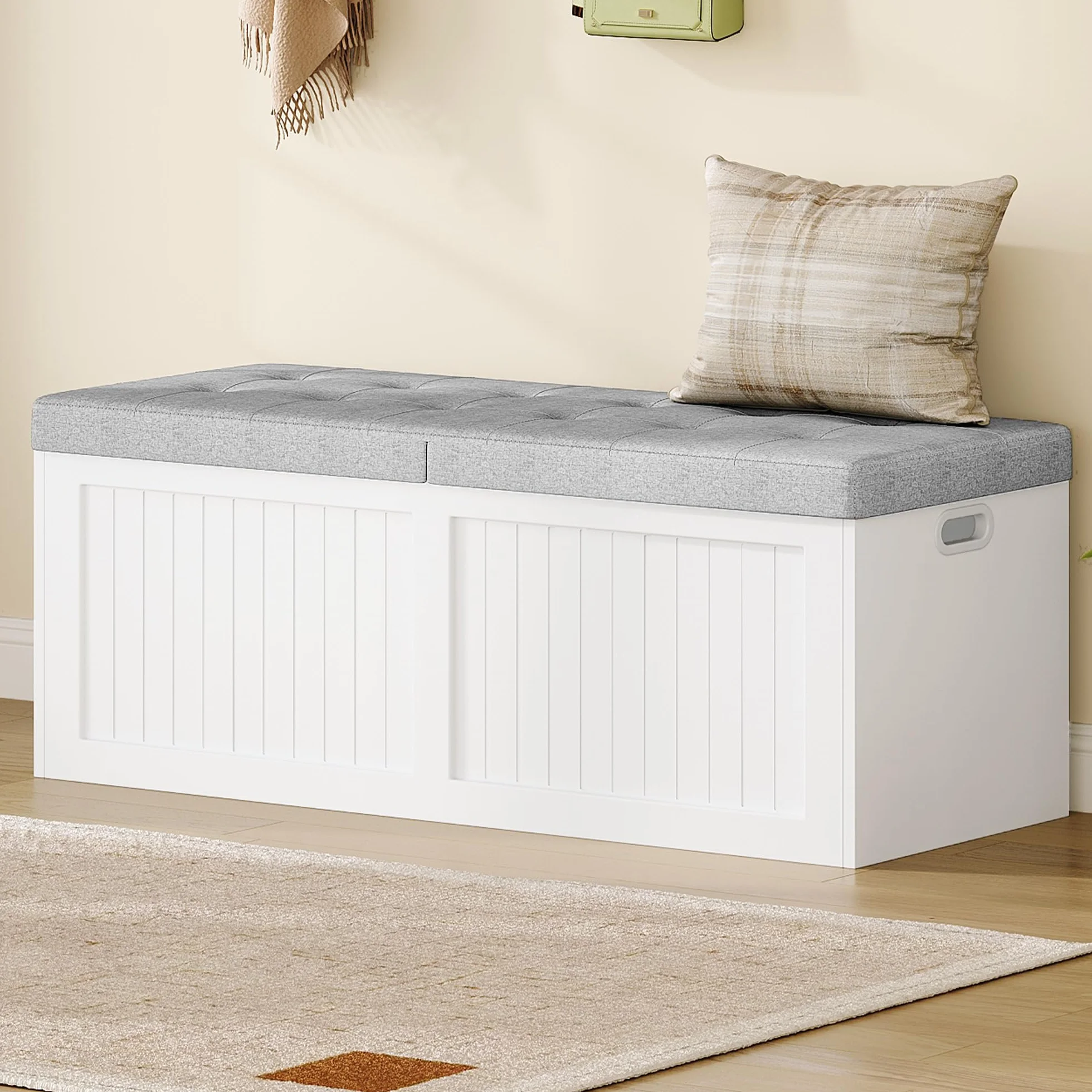 Hzuaneri Cassapanca contenitore da interno, Panca contenitore, Utilizzabile Come Portascarpe, con Cuscino in Lino, Adatta per Soggiorno, Ingresso e Atrio, 40 x 109 x 44,5cm, Bianco-Grigio SB01903GY