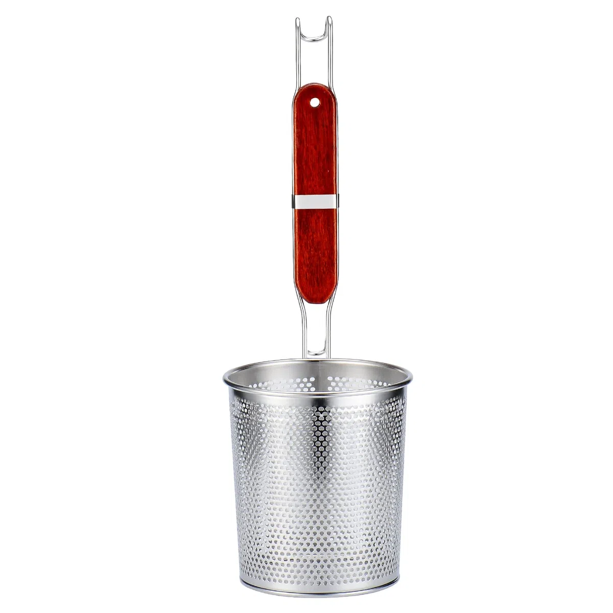TENTA KITCHEN Micro-Perforated Stainless Steel Pasta Basket Mesh Spider Food Dumpling Noodle Strainer, Skimmer Kitchen Fine Sieve with Wooden Handle (4.72 inch)