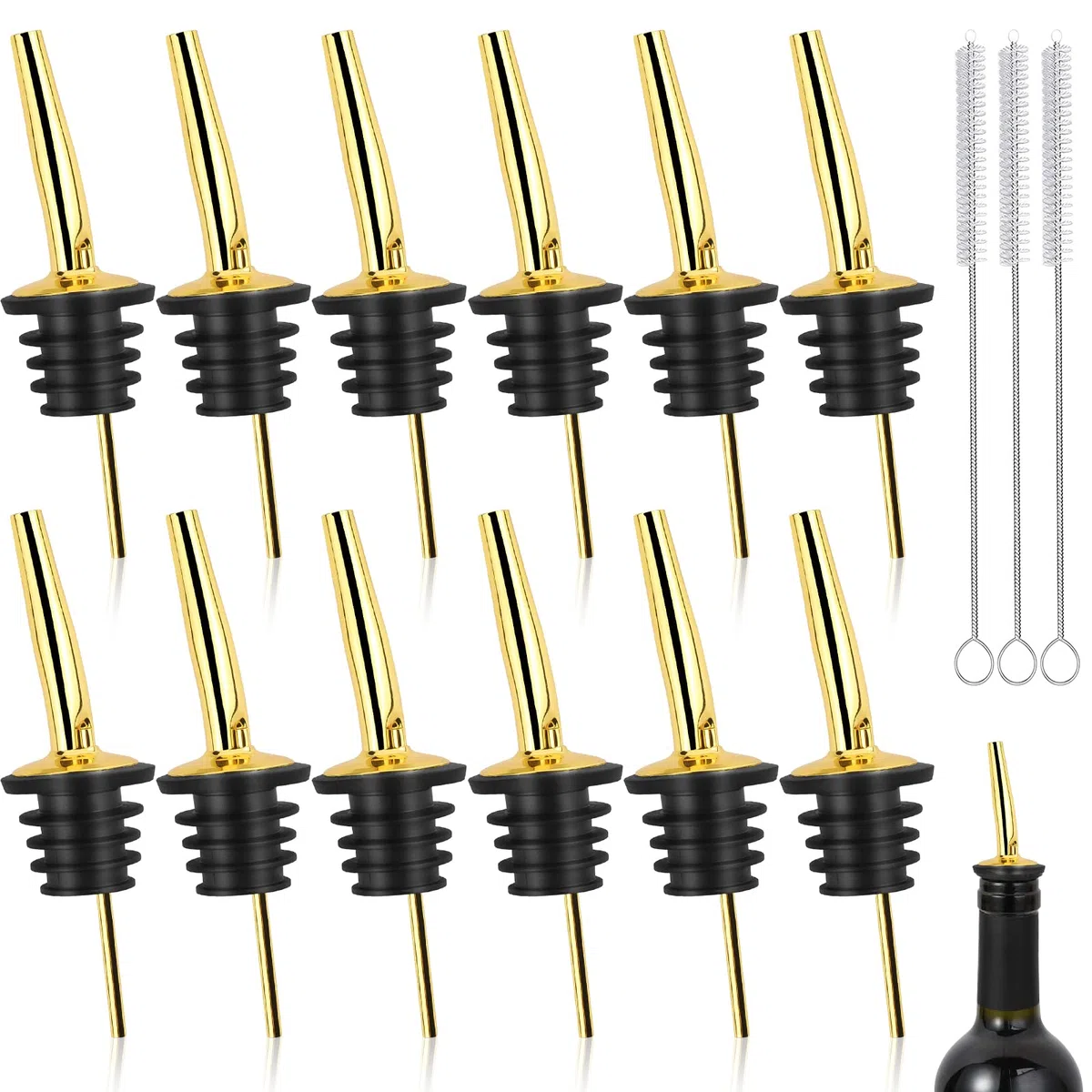 12 beccucci per olio d'oliva, in acciaio inox con 3 spazzole di pulizia per vino,acqua di vita,whisky,cocktail, olio d'oliva (175×30×5mm)