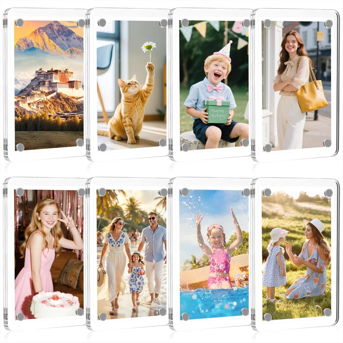 Cornice Acrilica Foto 8 Pezzi Cornici Magnetiche Trasparente Blocco Espositivo a Doppia Faccia Mini Portafoto Magnetico per Frigo, Casa, Ufficio, Scuola 6 x 9cm