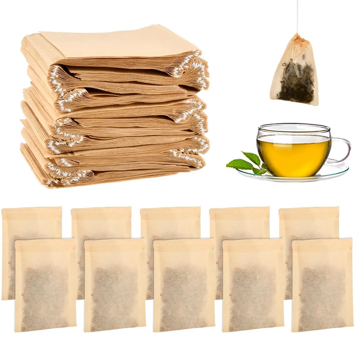 BUYGOO Sacchetti Usa e Getta per il Tè 300PZ con Coulisse, Bustine Filtri Te, Filtri per Tisane Sfuse Te Usa e Getta Filtro Tisana Bustine per Infusione Tisane Sacchetti Filtro per Tè con Coulisse