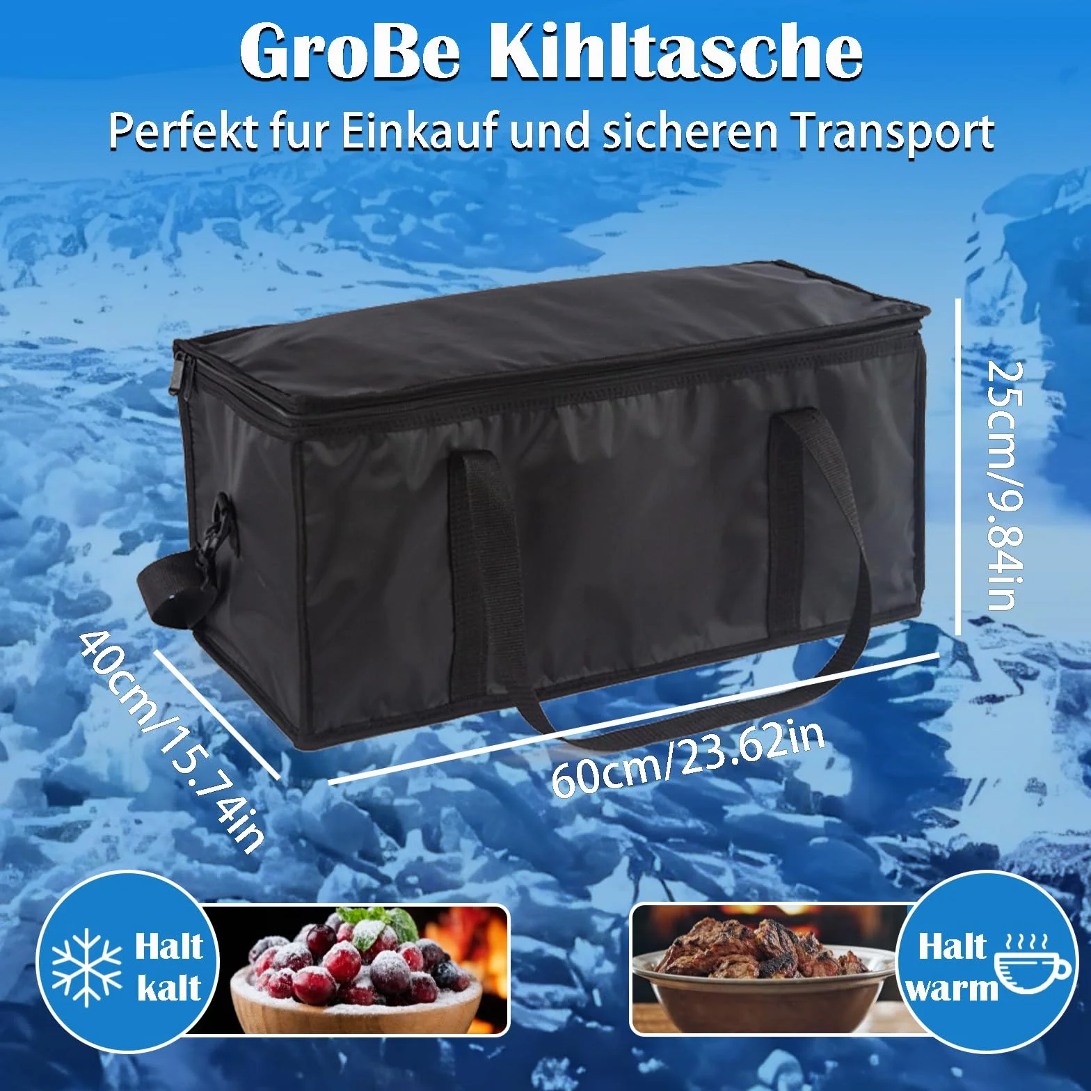 Borsa Termica Grande, 60L Borsa Termica Pieghevole, Borsa Frigo Riutilizzabili Nero, Termica Frigorifero per Picnic Portatile, per Picnic, Campeggio, BBQ all'Apert, Viaggi, Spiaggia, Shopping