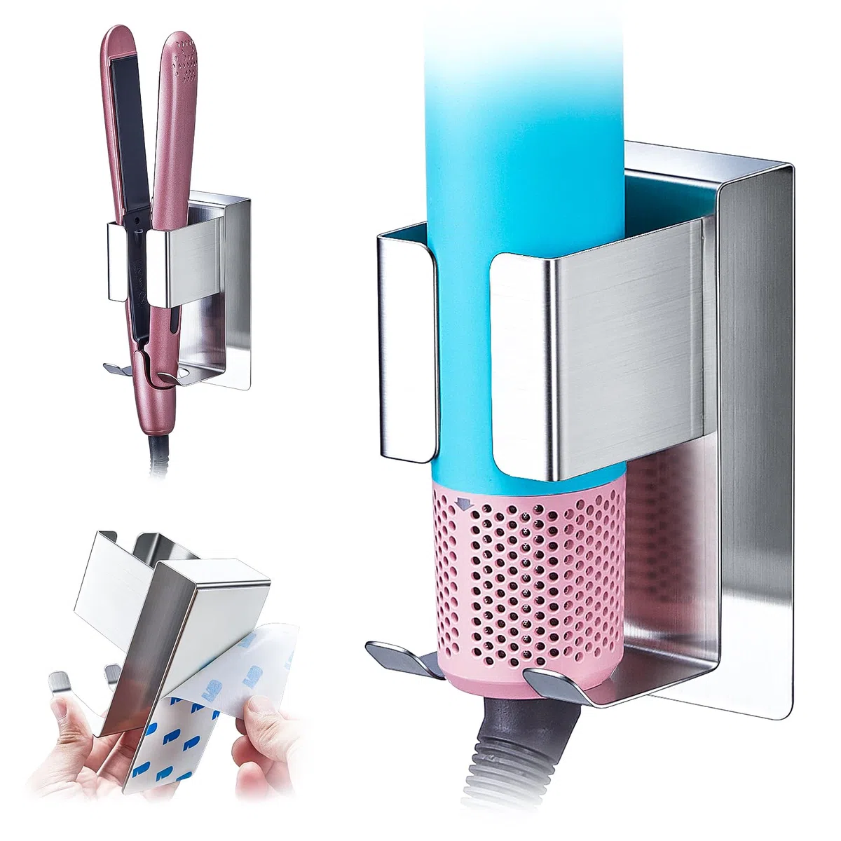 GGQ Supporto per asciugacapelli e Piastra, Asciugacapelli da parete, Porta piastra per capelli, Porta asciugacapelli Autoadesivo, Supporto per asciugacapelli per Bagno (Argento)