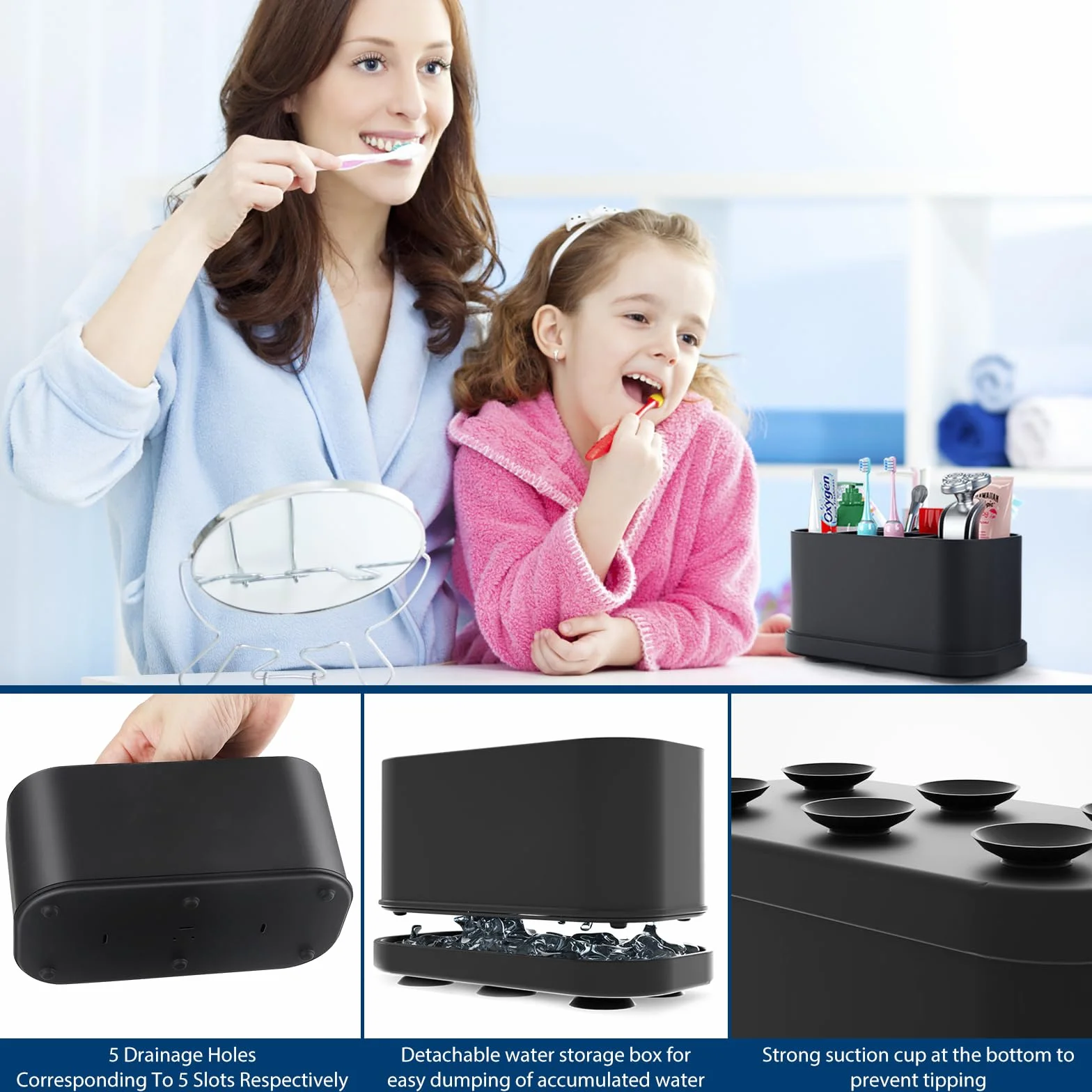 Porta Spazzolini Bagno, Impermeabile con Ventosa Rimovibile per Fissare a Piacimento la Parete del Piano di Lavoro, Dentifricio Multifunzionale in Silicone Organizer, Nero