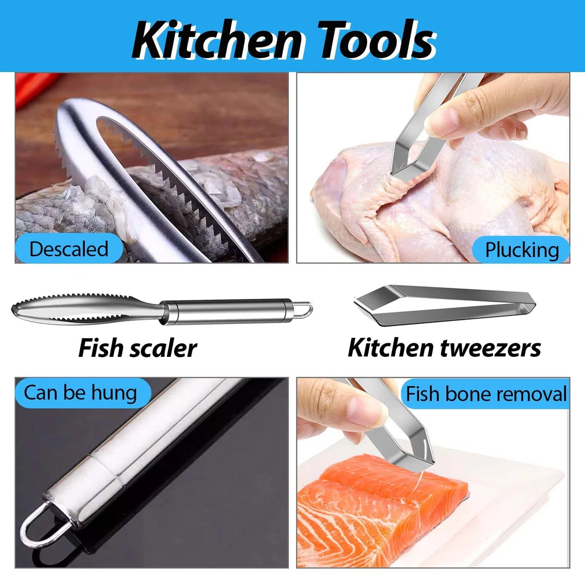 6PCS Squamatore Pesce, FORMVERSITY Sgusciatore di Gamberi, Pinzette per Lische di Pesce, Pinza per Chele Astice, Set 6 In 1 per Rimuovere Fili di Gamberetti, Squame di Pesce e Organi Interni