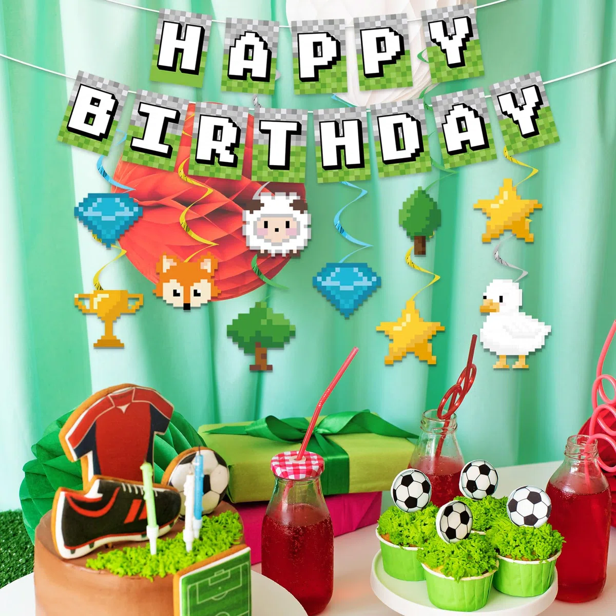 Striscione di Buon Compleanno Pixel, Striscione di Buon Compleanno Pre-Infilato a Tema Gaming con 10 Spirali Appese per Decorazioni Feste Pareti Casa e Porte