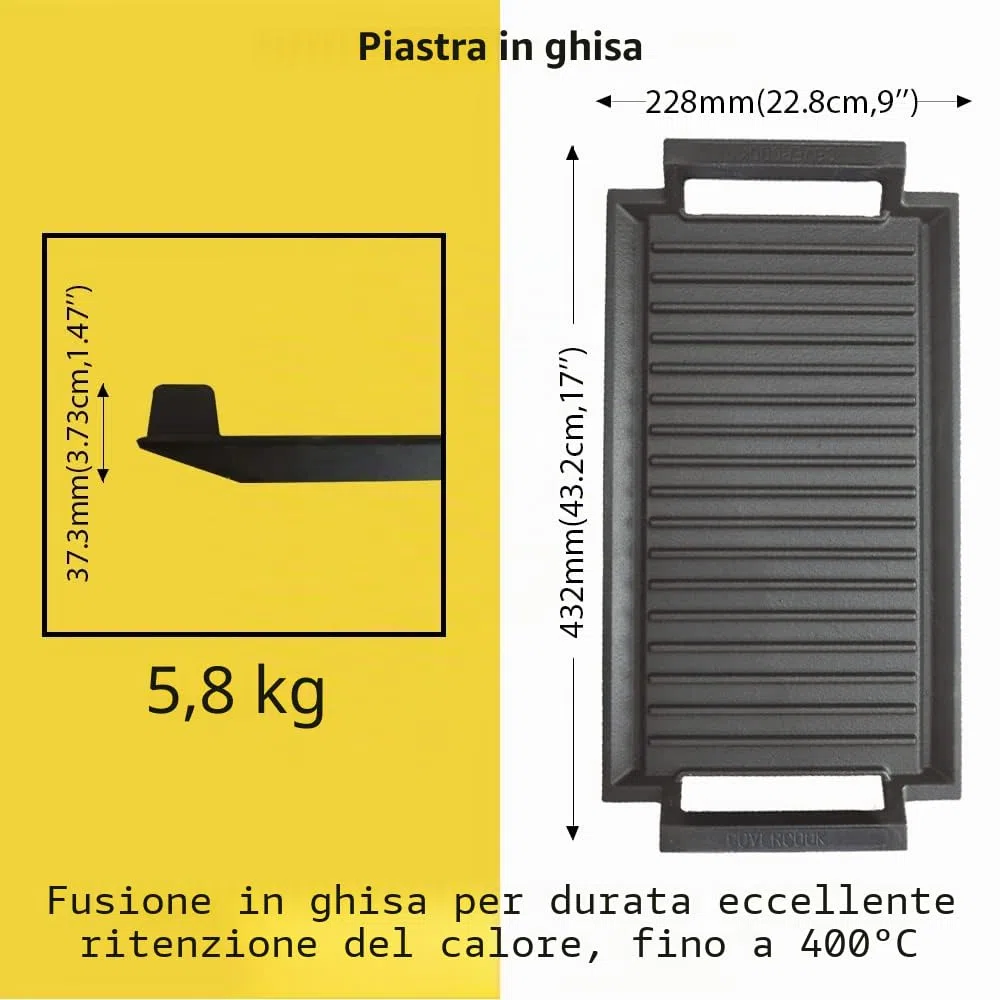 Padella per grigliare in ghisa, piastra rettangolare per grigliare, 43 x 23 cm Padella per grigliare per piano cottura a induzione, forno elettrico, griglie all'aperto, superficie rigata