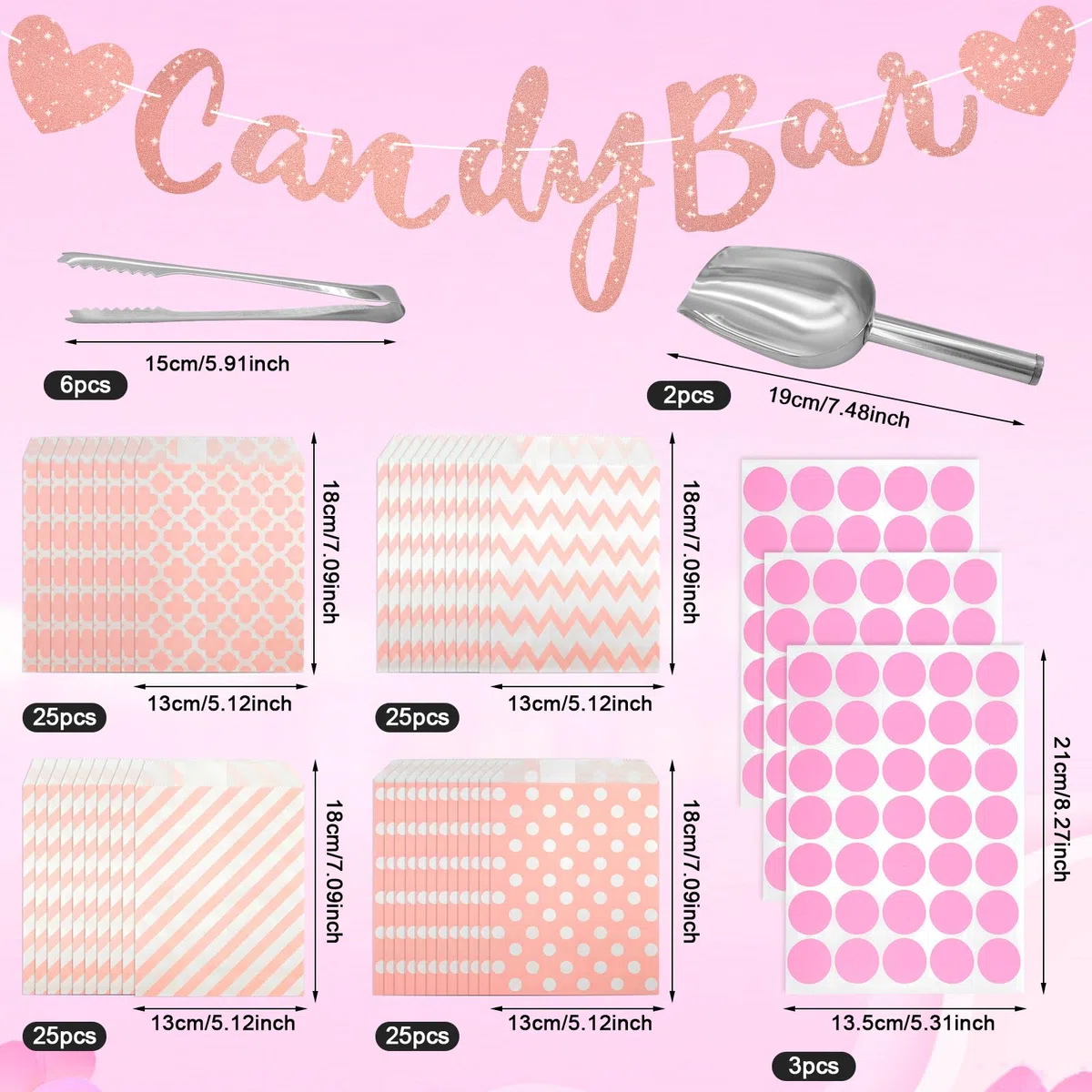 112 Accessori Candy Bar: 100 Sacchetti, 6 Pinze, 2 Paletti, 3 Fogli Adesivi e 1 Decorazione Rosa