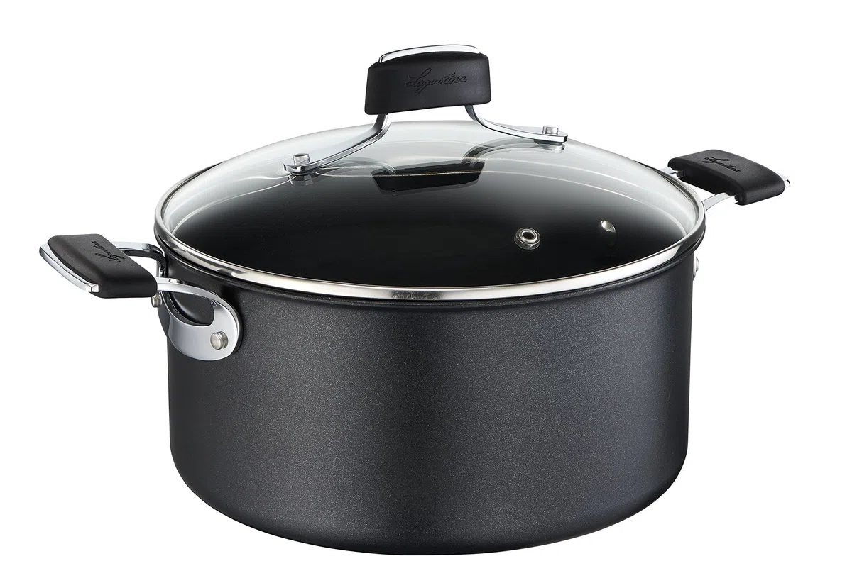 Lagostina Tempra Casseruola Fonda 2 Maniglie con Coperchio in Vetro, Antiaderente Multistrato, Adatta All'Induzione, Alluminio, Nero, Diametro 20 cm