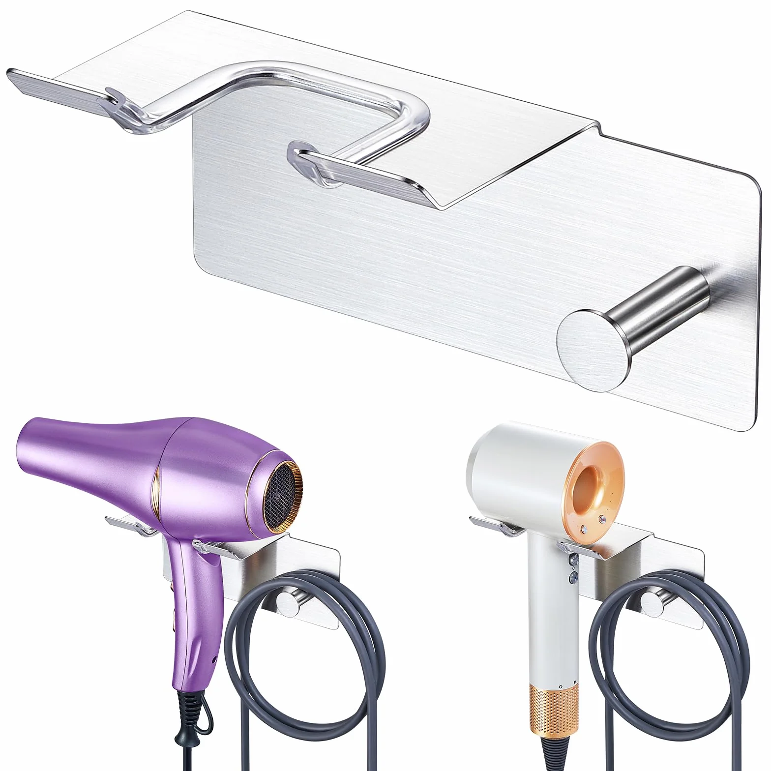 Porta Asciugacapelli da Parete, Porta Phon da Muro Supporto Phon da Parete Metallo,Supporto Adesivo per Asciugacapelli da Appendere per Armadietto Bagno Camera da Letto Barbieri (Argento)