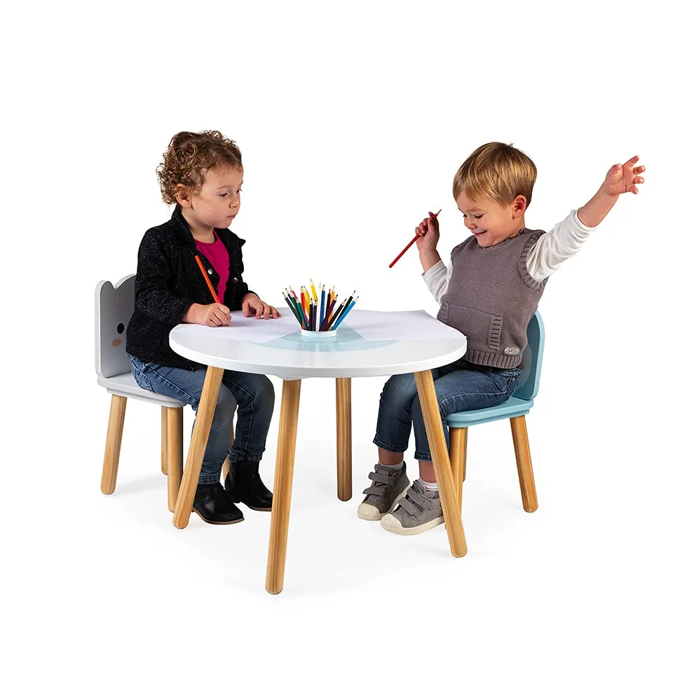 Janod - Tavolo e 2 Sedie Banchisa in Legno - Tavolino Rotondo per Bambini con Portapenne Rimuovibile - 1 Sedia Orso Bianco e 1 Sedia Pinguino - Ideale per Bambini da 3 a 6 Anni, J09650