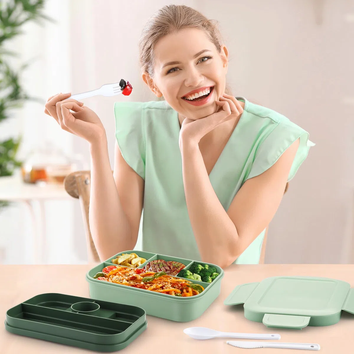 Sinnsally Porta Pranzo con 8 Scomparti 2000ml Schiscetta Pranzo,Bento Lunch Box Prova di Perdite per Adulti Porta Cibo,Portavivande senza BPA con Posate,Sicuri per Microonde e Lavastoviglie(Verde)