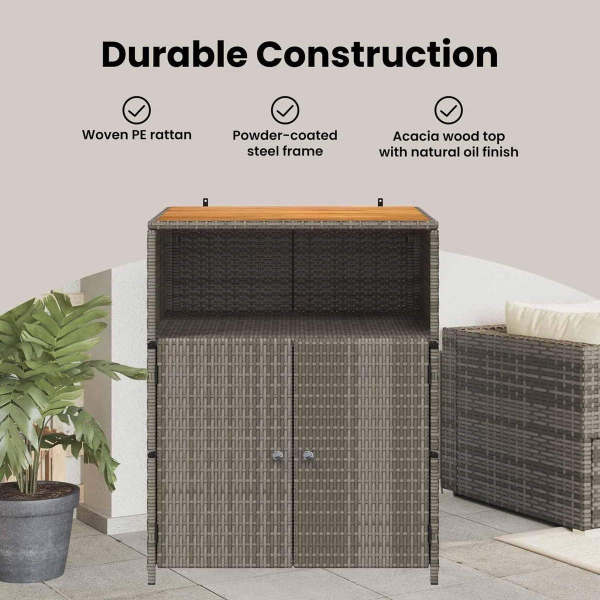 vidaXL Armadietto Grigio 70 x 50 x 87 cm Poliestere e Rattan Roly, Scaffale da Giardino e Terrazzo, Armadietto Rettangolare, Legno e Rattan Resistente, Leggero e Pratico per Esterni