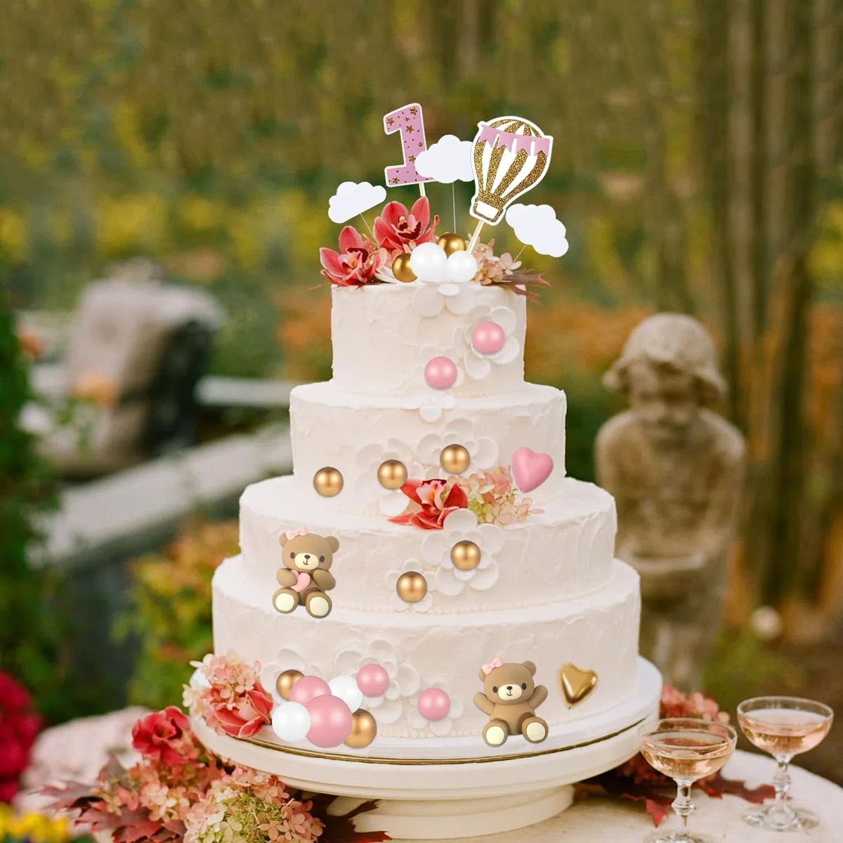 49 Pezzi Topper per Torta Rosa Set, Topper per Torta per il 1anno Compleanno Della Ragazza, Decorazione per Torte con Orsacchiotto per Matrimoni, Baby Shower e Feste di Compleanno
