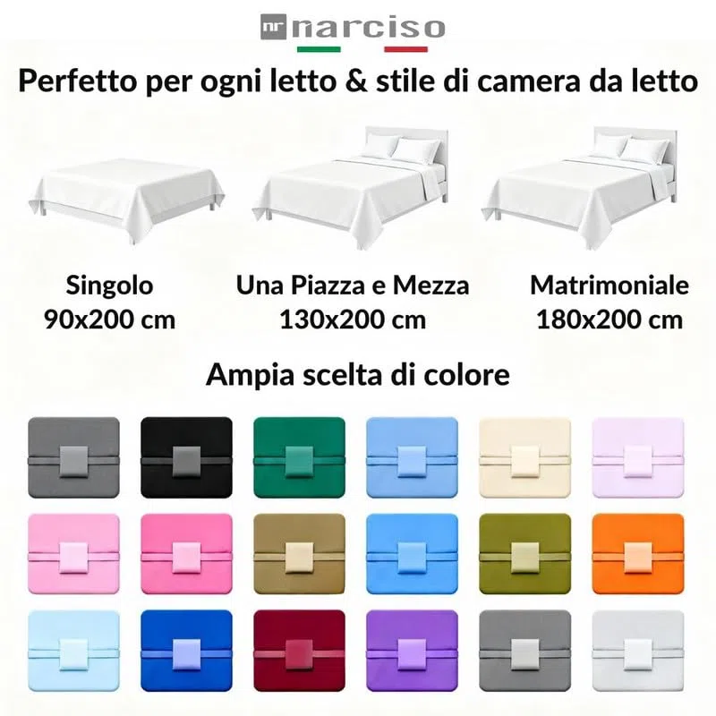 NARCISO Lenzuolo con Angoli Matrimoniale 100% Cotone (180x200 con Angolo di 30cm) Lenzuola Sotto con Angoli Matrimoniale Traspirante ed Anallergico, Biancheria da Letto Made in Italy (2P, Bianco)