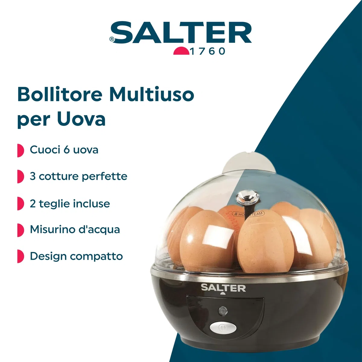 Salter Fornello multiuso - Bollitore con Capacità di 6 Uova, Ottimo per Uova alla Coque, Sode e in Camicia, Include Bicchiere Dosatore, Porta Uova Rimovibile e 2 Teglie per Cottura a Vapore, 430W